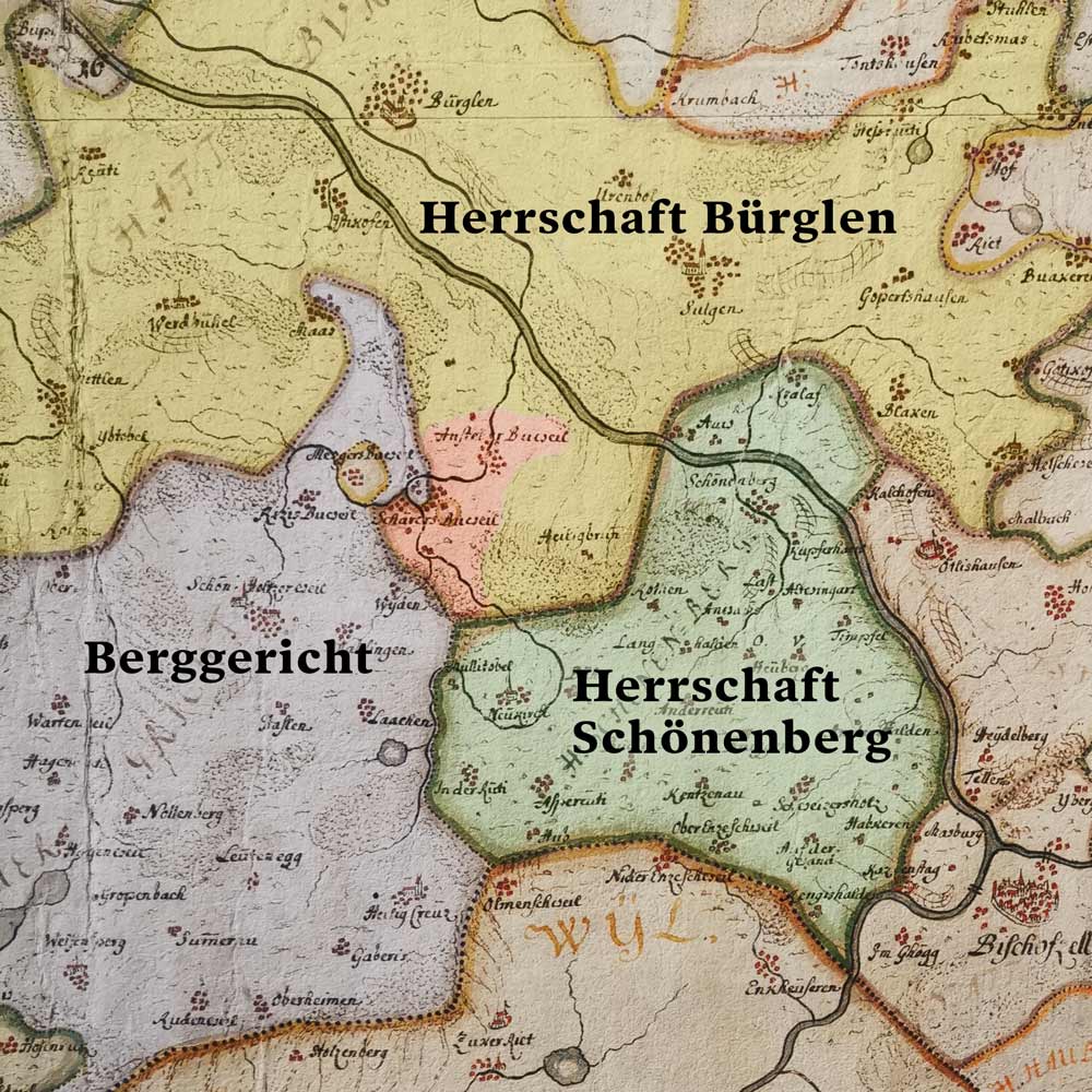 Niedergerichte 1717, rot = Bleiken